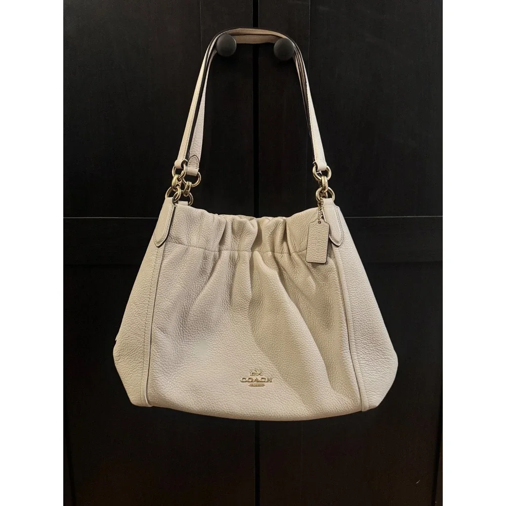 Coach C7454 Pebbled Leather Shoulder Hobo Bag Chalk Ivory Gold Hardware Hangtag